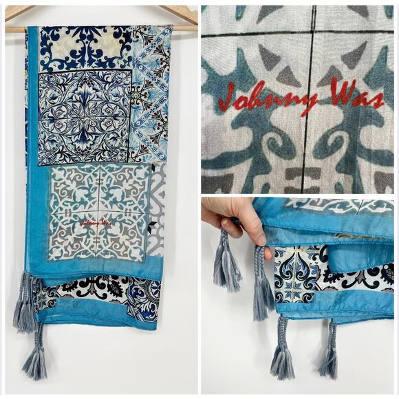Johnny Was Silk Tassel Scarf Patchwork Mixed Print Square Wrap Blue Gray Green - Picture 1 of 12